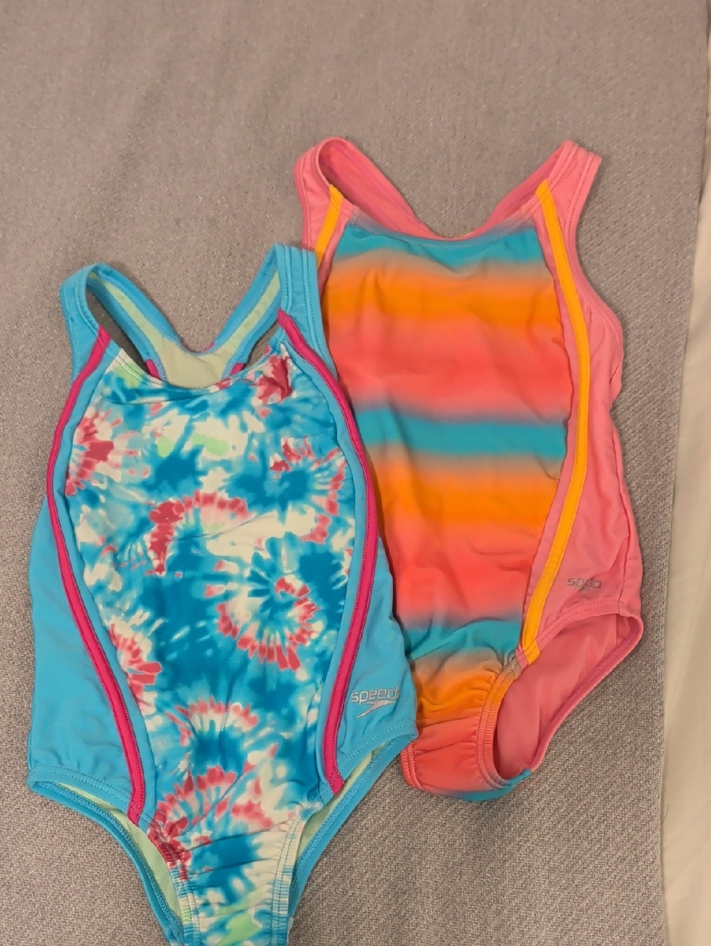 Speedo Bundle Blue Tie-Dye & Pink Orange Striped Girls' One-Piece Swimsuits